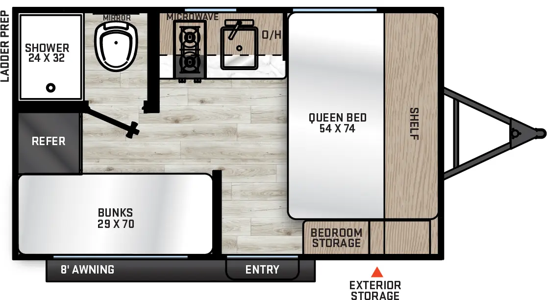 The Aurora 13BHX floorplan has one entry and zero slide outs. Exterior features include: metal exterior and 8' awning. Interiors features include: bunk beds and front bedroom.